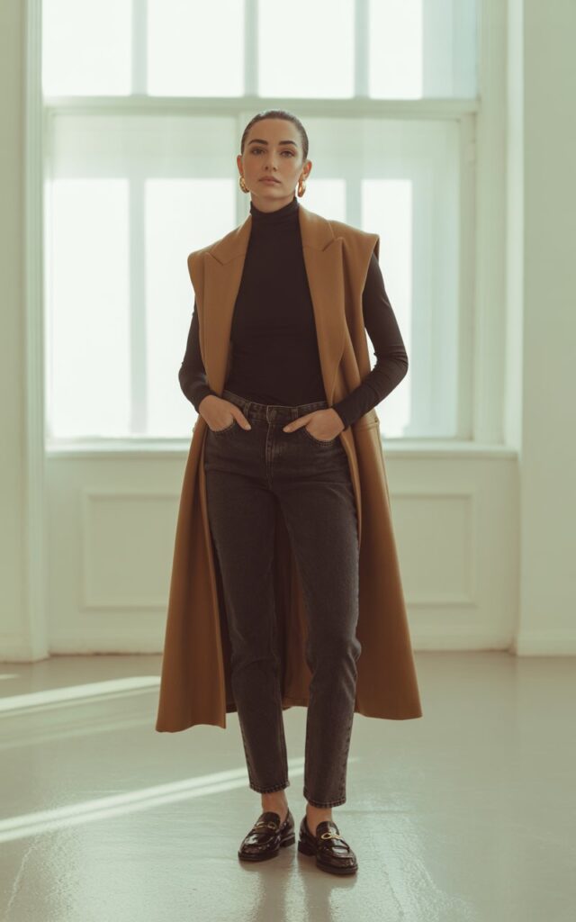 Model standing in a minimalist studio with soft window light. She wears a camel longline vest over a black turtleneck and slim jeans, loafers, and gold earrings. Clean lines, calm confident pose, hands in pockets.