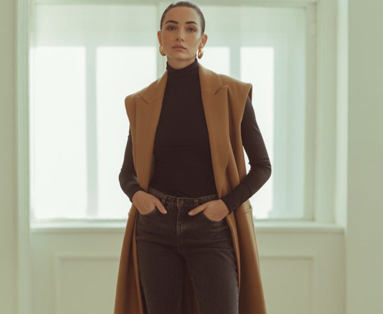 Model standing in a minimalist studio with soft window light. She wears a camel longline vest over a black turtleneck and slim jeans, loafers, and gold earrings. Clean lines, calm confident pose, hands in pockets.