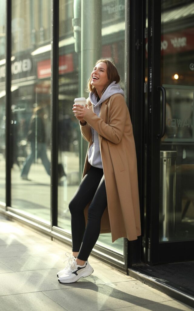 Model standing near a city café entrance. Camel longline coat layered over gray hoodie, black leggings, and chunky sneakers. Holding a coffee cup, candid laughter, soft morning light.