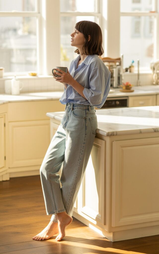 Model standing near a white kitchen island with natural light pouring in. Light blue button-up tucked into vintage high-waisted jeans, bare feet, coffee mug in hand. Casual morning vibe, warm cozy tones.
