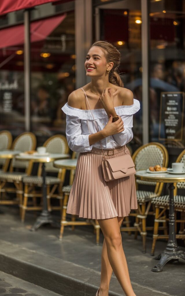 Model standing outside a chic café, sunlight streaming. She wears a ruffled white off-shoulder blouse tucked into a blush pleated mini skirt, with nude heels and a crossbody bag. Hair half-up, playful grin, one hand adjusting her skirt.
