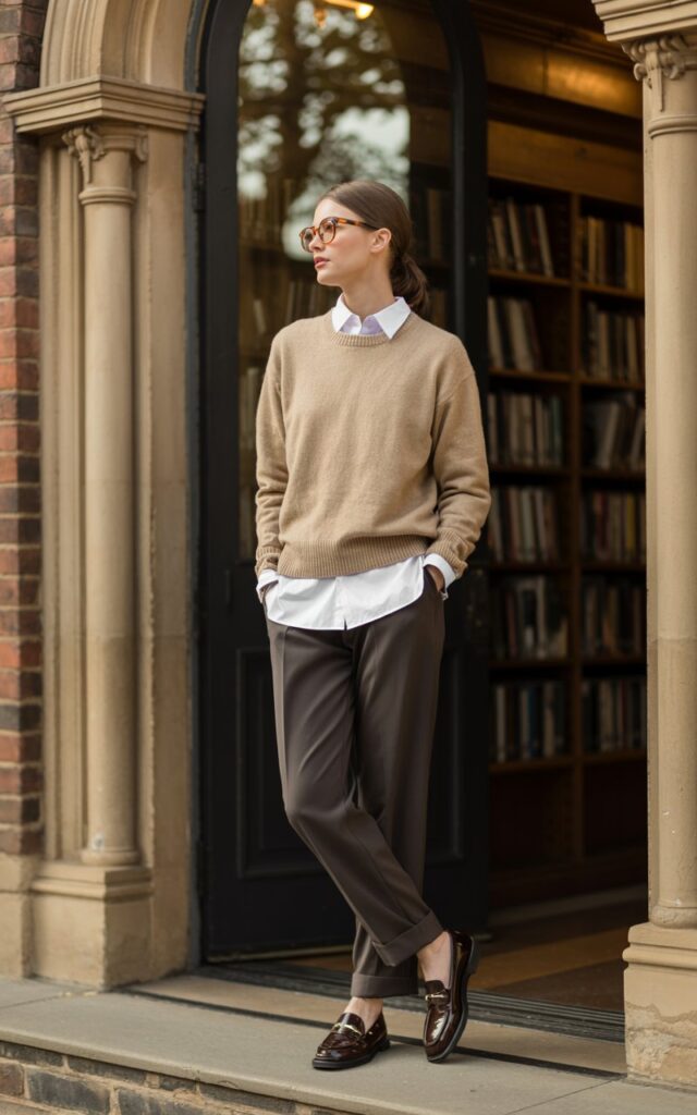 Model standing outside a library entrance with soft daylight. Beige crewneck sweater layered over a white collared shirt, dark trousers, and loafers. Hair in low ponytail, reading glasses on head, sophisticated and preppy.
