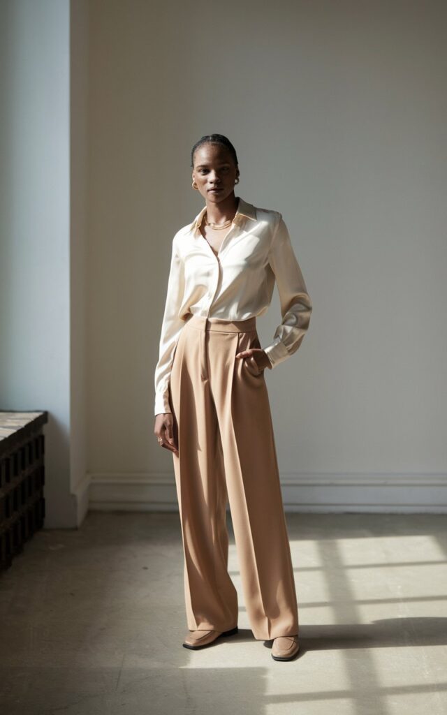 Model stands in a minimalist indoor studio with soft window light. She wears cream silk blouse tucked into tan wide-leg trousers, loafers, and subtle gold jewelry. Her hair is neatly tied back, and she has a calm, poised stance with one hand in her pocket.