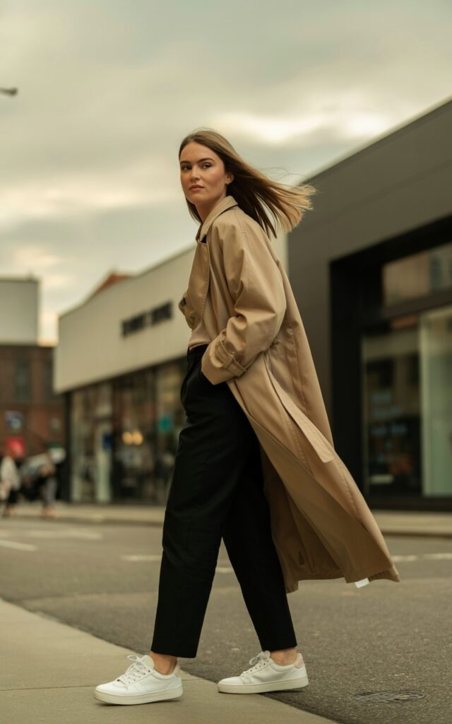 Model stands on a city sidewalk wearing an oversized beige trench coat layered over black trousers and sneakers. Light breeze lifts her hair slightly. The lighting is soft and cloudy, giving cozy overcast tones. Expression cool, effortless confidence.