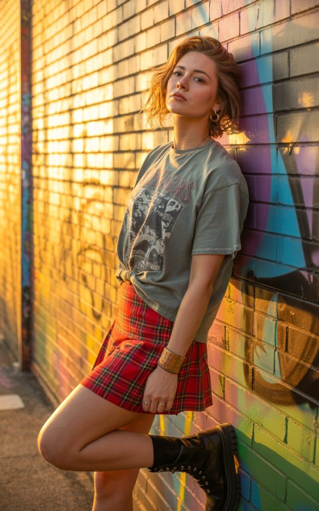 Model stands on a graffiti-lined city wall at sunset. She wears a faded vintage band tee tucked into a red plaid mini skirt, chunky black boots, and a leather bracelet. Her hair is tousled, and she leans casually against the wall with attitude.