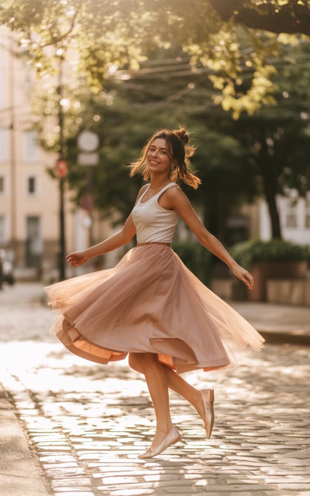 Model twirling playfully on a cobblestone street during golden hour. She wears a blush tulle midi skirt, a fitted white tank, and ballet flats. Her hair is in a messy bun with a few loose strands. The sunlight filters through trees, creating a dreamy bokeh backdrop.