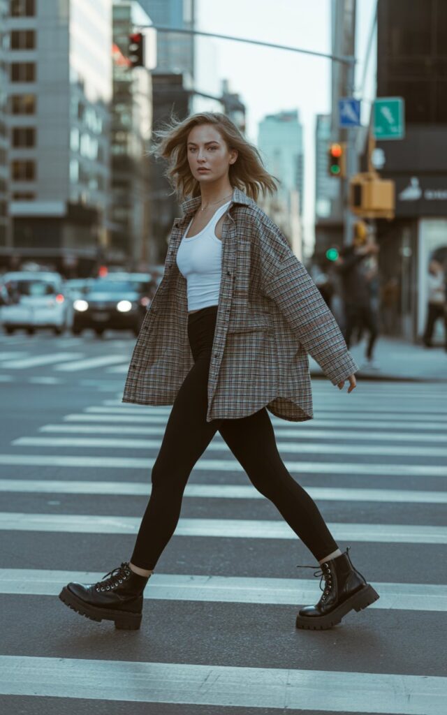 Model walking across a crosswalk, city background. Oversized plaid shacket, black leggings, white tank, and chunky boots. Wind slightly lifting her hair, confident stride, cool urban energy.