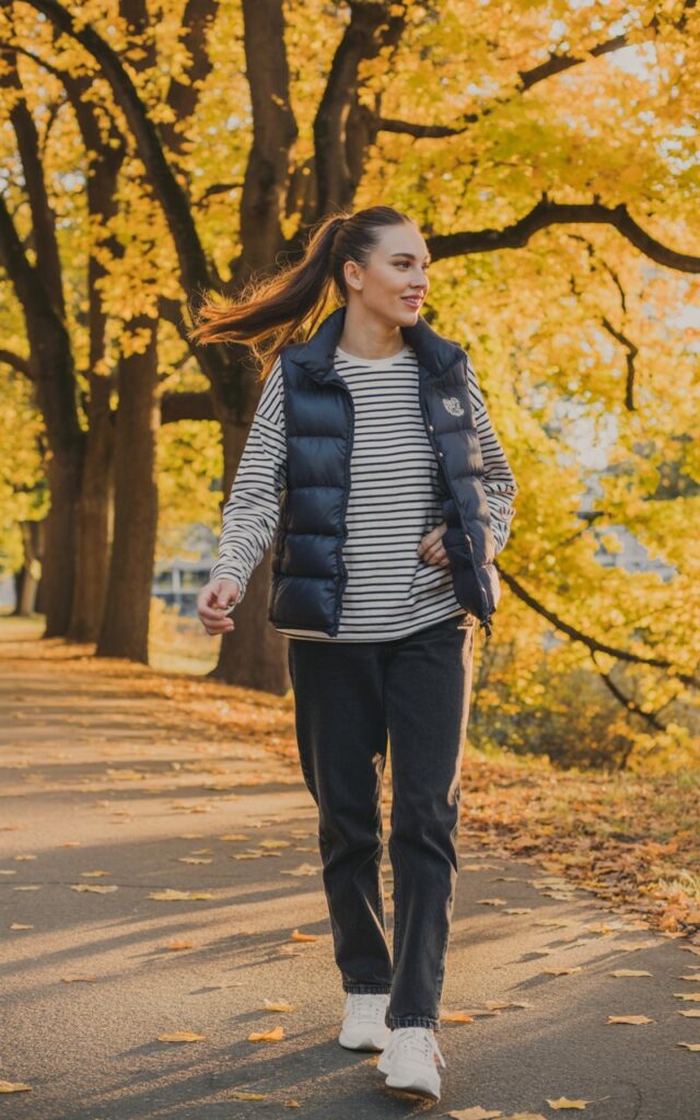 Model walking along a park trail lined with golden trees. Navy puffer vest, black-and-white striped tee, dark jeans, and sneakers. Hair in a ponytail, sunlight through trees, cozy and active look.