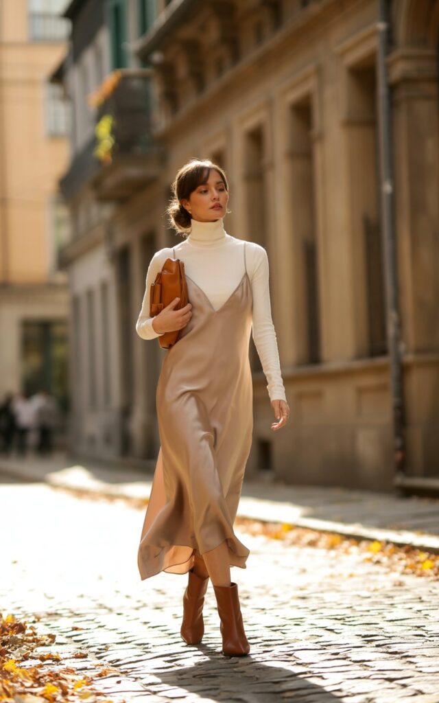 Model walking down a cobblestone city street in soft afternoon light. She wears a beige slip dress over a white fitted turtleneck, paired with ankle boots. Her hair is tied in a low bun, and she carries a leather crossbody bag. Chic, cozy, and fall-ready.