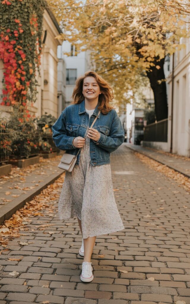 Model walking on a cobblestone street with fall leaves around. Wearing a blue denim jacket over a floral midi dress and white sneakers. Hair down in beachy waves, carrying a small crossbody bag. Warm afternoon lighting, natural smile.