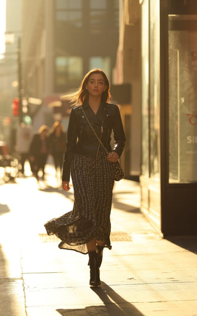 Model walking on a downtown street at golden hour. Black leather jacket, printed maxi skirt, black ankle boots, crossbody bag. Slight breeze lifting skirt hem, confident expression, cinematic sunlight.