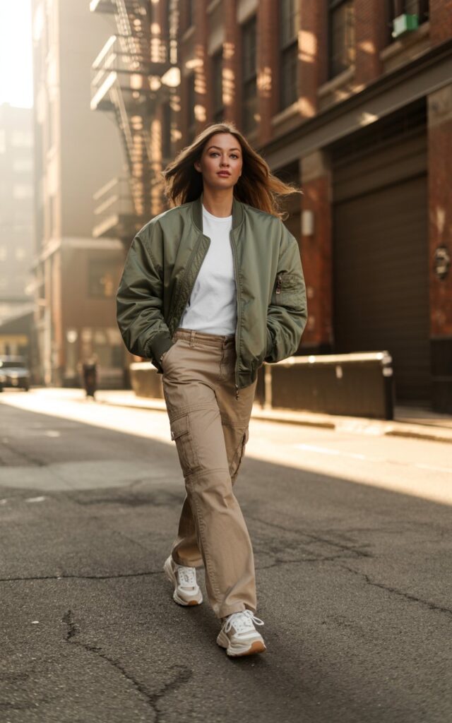 Model walking through an industrial street scene. Sage-green padded bomber, khaki cargo pants, white tee, and chunky sneakers. Wind tousling her hair, hands in pockets, natural sunlight from the side.