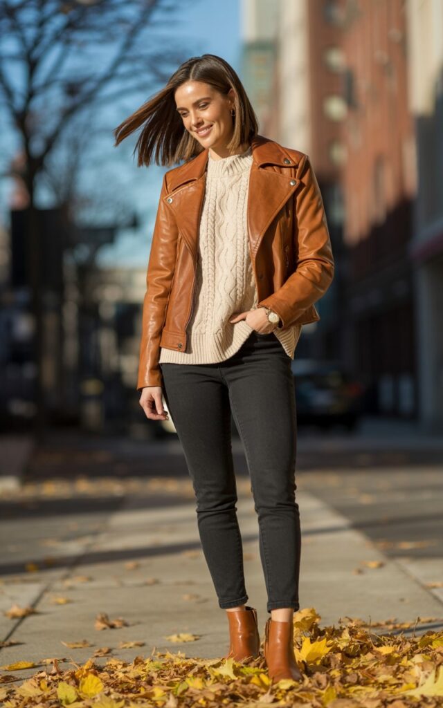 Model wearing a caramel leather jacket, cream sweater, and dark skinny jeans tucked into cognac boots. She stands on a city sidewalk with fall leaves scattered around. Natural daylight highlights the richness of brown tones. Her sleek, shoulder-length hair and soft smile add polish.