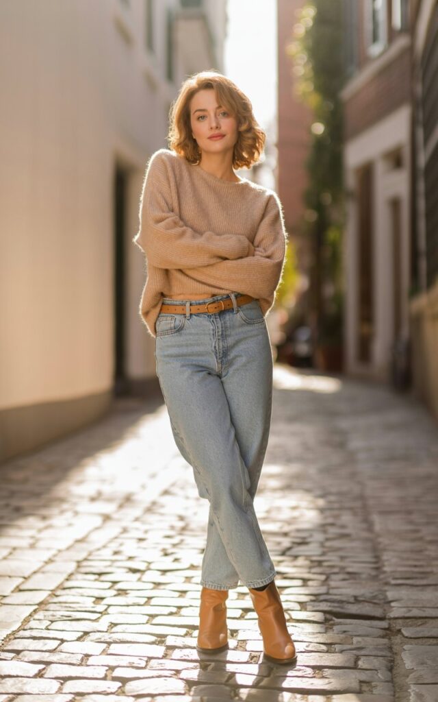 Model wearing light-wash jeans, oatmeal sweater, and matching tan boots and belt. She’s on a cobblestone alley, bathed in soft afternoon light. Her hair is casually styled, expression confident yet relaxed. The coordinated accessories subtly pull the look together.