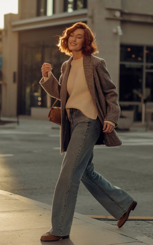 Model with auburn hair styled in soft waves poses on an urban street corner during golden hour. She wears barrel-leg jeans, a tucked-in cream sweater, and loafers. A small crossbody bag completes the look. She’s mid-step, turning her head slightly with a relaxed, natural smile.