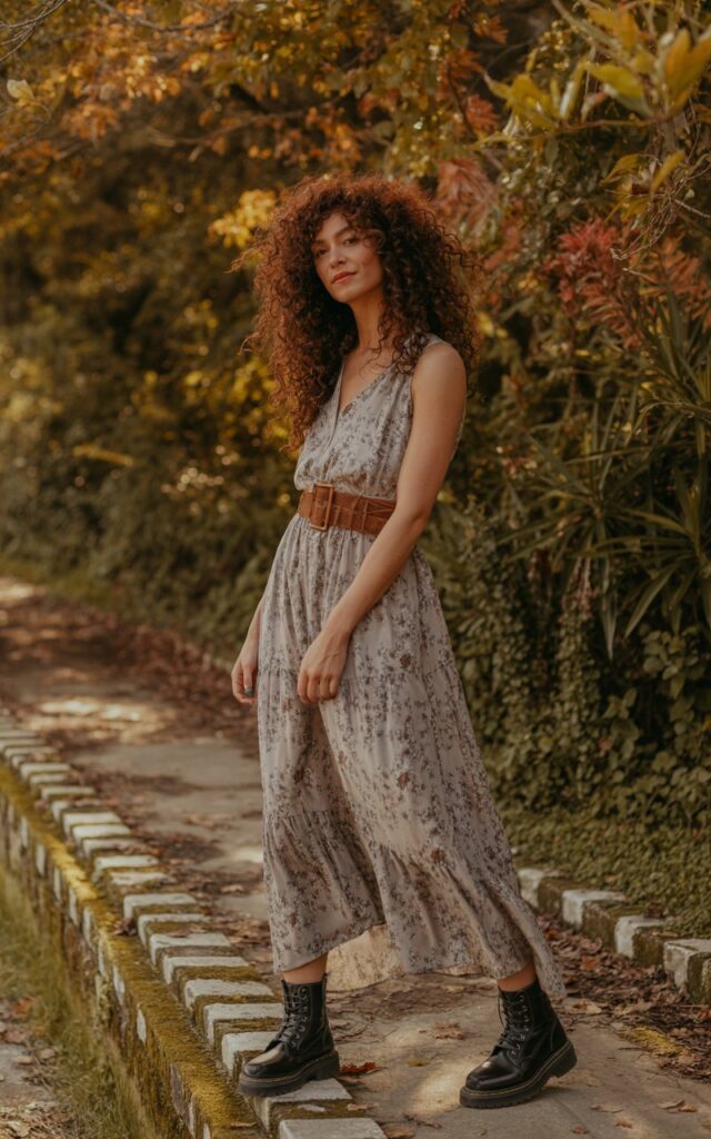 Model with curly chestnut hair stands in a rustic outdoor path surrounded by autumn trees. She wears a flowy floral maxi dress cinched with a leather belt and black combat boots. Golden hour sunlight filters through leaves. Natural, strong stance with a soft smile.