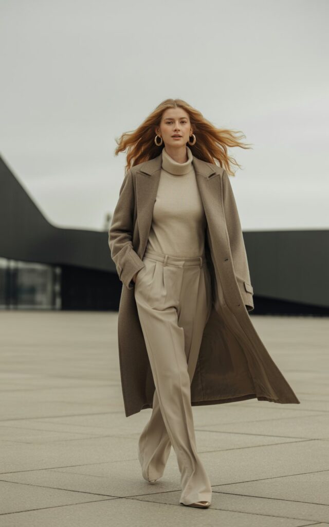 Model with honey-blonde hair walks across a minimalist urban plaza. She wears layered beige tones — long coat, turtleneck, and wide-leg trousers — styled with gold hoops. Overcast light creates soft, elegant shadows. Graceful stride, serene expression.