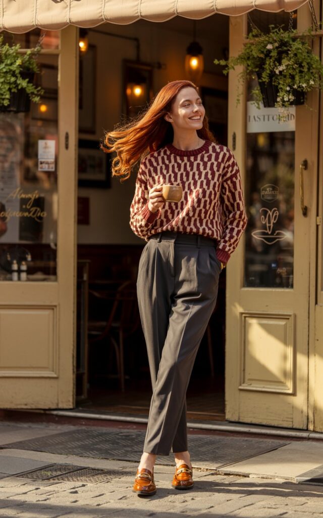 Model with long copper hair poses near a cozy café entrance. She wears a bold patterned sweater tucked into high-waisted pleated trousers with loafers. Soft golden afternoon light enhances warmth. Relaxed smile, coffee cup in hand — effortlessly chic.