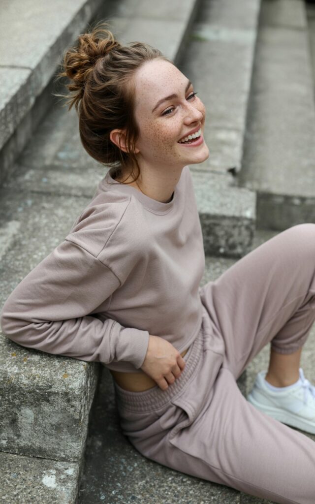 Model with natural freckles and light brown hair in a messy bun lounges on concrete steps. She wears a soft beige cropped sweatshirt with matching joggers and white sneakers. Soft daylight, cozy texture emphasis. Relaxed posture with a candid laugh — effortlessly cool.
