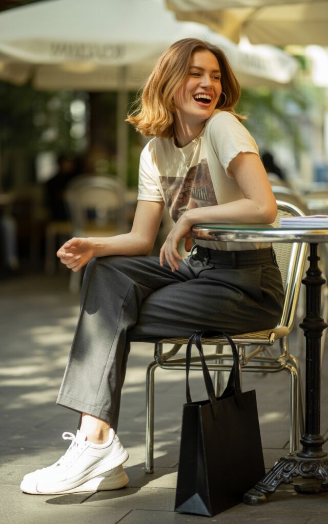 Model with shoulder-length honey-blonde hair sits at a café table outside. She wears a vintage graphic tee tucked into charcoal tailored trousers with white sneakers and a black tote bag. Soft daylight; candid moment as she laughs mid-conversation. Natural skin glow and realistic shadows.