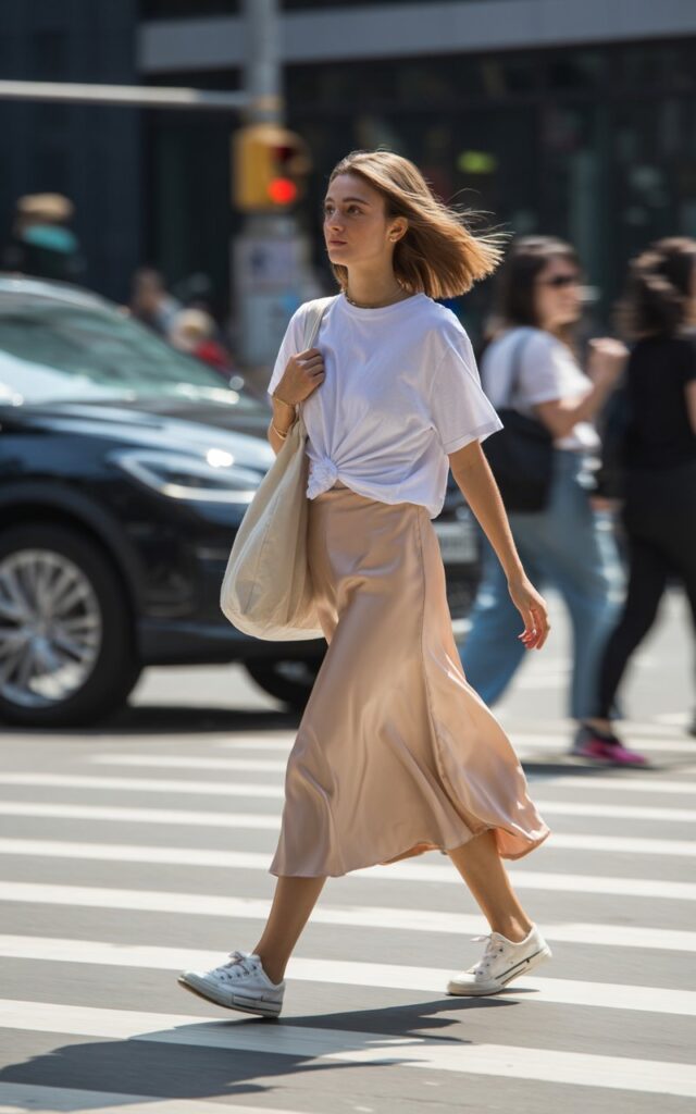 Model with shoulder-length light brown hair walks down a city crosswalk. She wears a champagne satin midi skirt and oversized white tee knotted at the waist, with sneakers and a tote. Bright daylight; motion blur adds realism. Confident stride and natural expression.