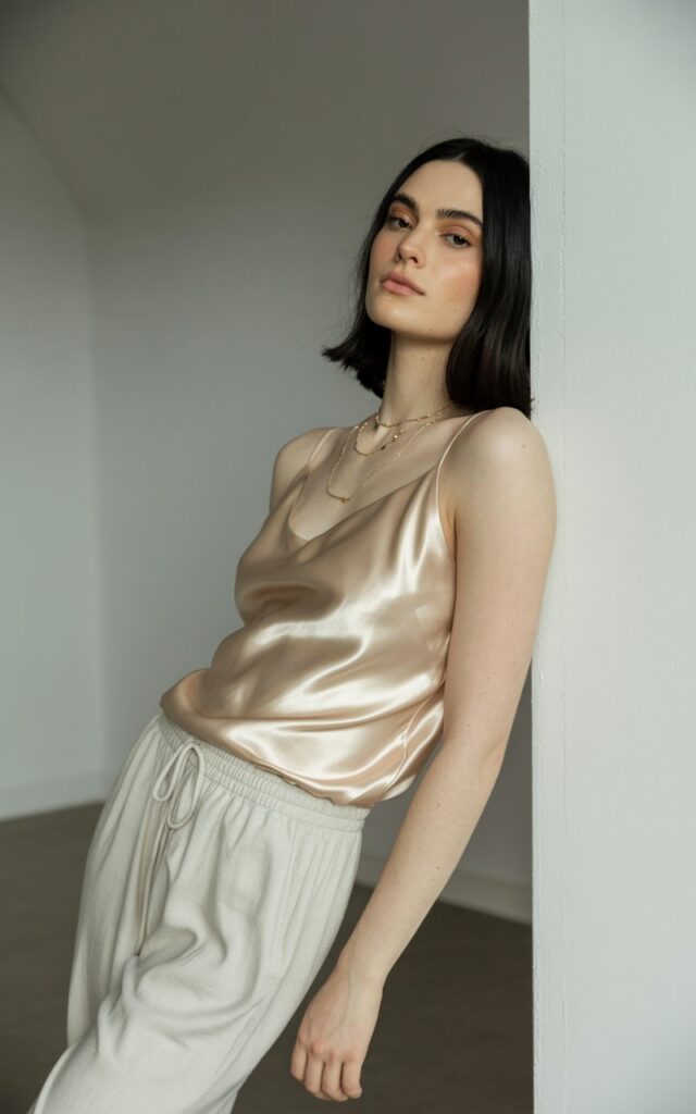Model with shoulder-length sleek black hair leans against a minimalist studio wall. She wears a champagne silk cami, loose cream drawstring pants, and delicate gold necklaces. Gentle indoor light highlights the sheen of the fabric. Calm, relaxed pose; serene and elevated.