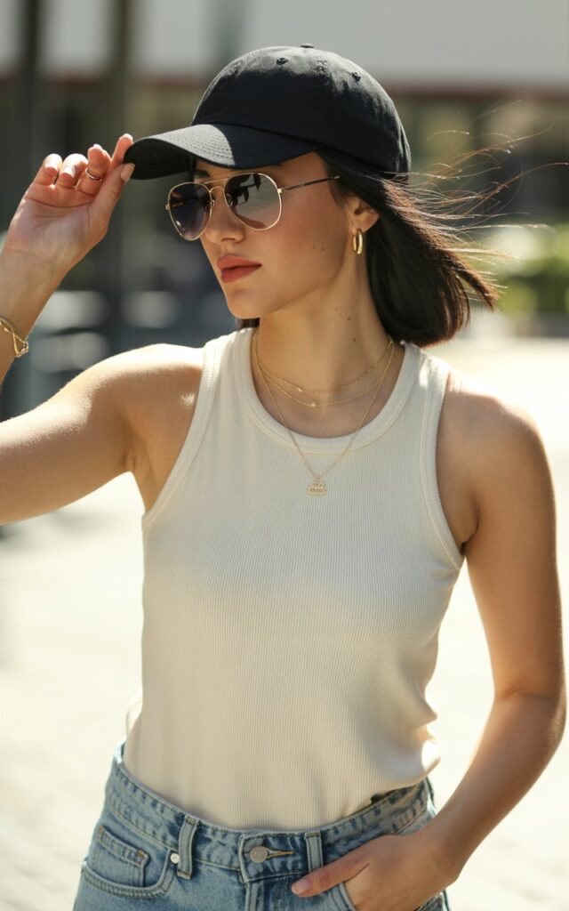 Model with sleek dark hair tucked under a black cap stands outdoors in natural daylight. She wears a simple neutral-toned outfit — tank, relaxed jeans, and gold jewelry — with classic sunglasses. Candid pose adjusting her cap, soft breeze in hair, realistic textures and tones.