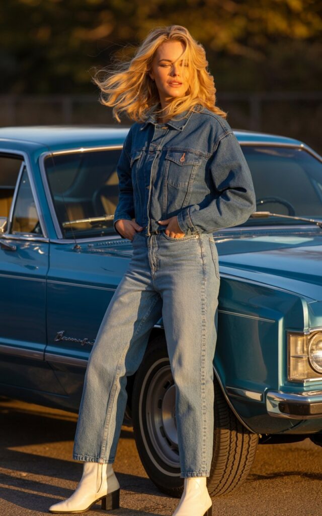 Model with wavy blonde hair stands beside a vintage car. She wears a fitted medium-wash denim jacket, relaxed jeans, and white ankle boots. Late-afternoon sunlight enhances the denim tones. Casual pose with hands in pockets, hair moving in the breeze, cinematic realism.