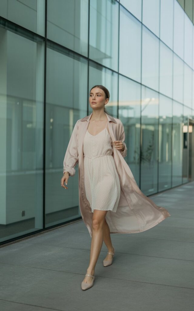 Modern indoor hallway with glass walls and natural light. The model wears a sheer blush duster coat layered over a white chiffon dress and nude flats. Her hair is tucked behind her ears, makeup glowy and natural. She’s caught mid-walk, the coat flowing behind her for an elegant motion shot.