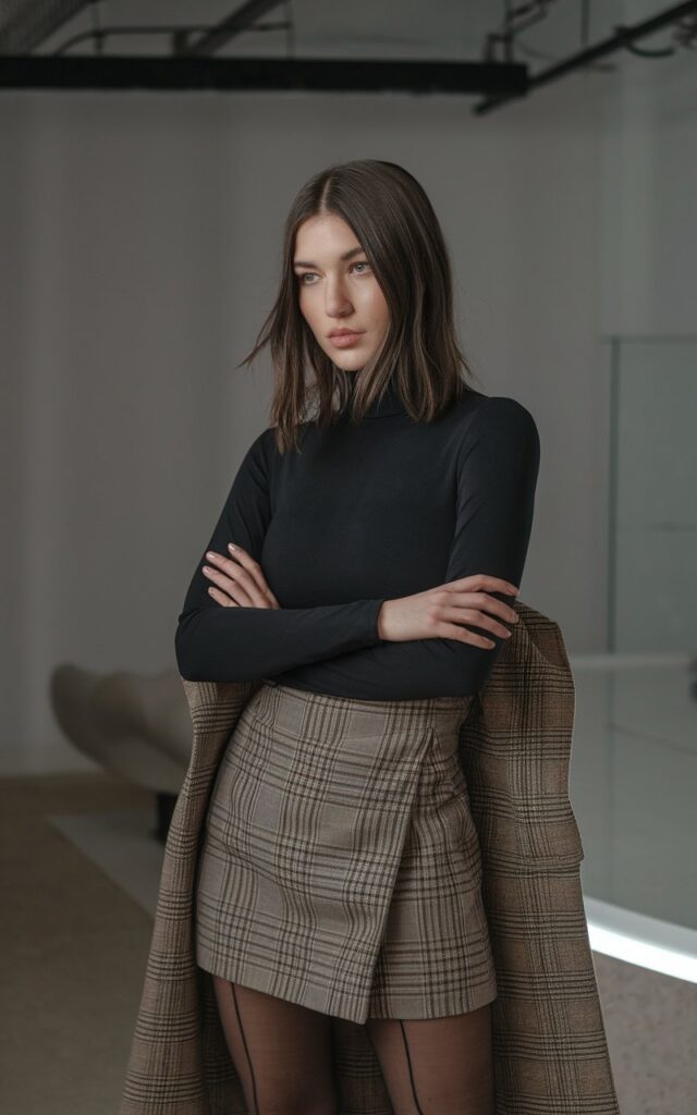 Modern indoor photo of a white-skinned woman with shoulder-length brunette hair wearing a black fitted turtleneck, plaid skirt, and sheer tights. Minimal studio setting with soft diffused lighting. She’s standing confidently with arms crossed, slight smirk on her lips.