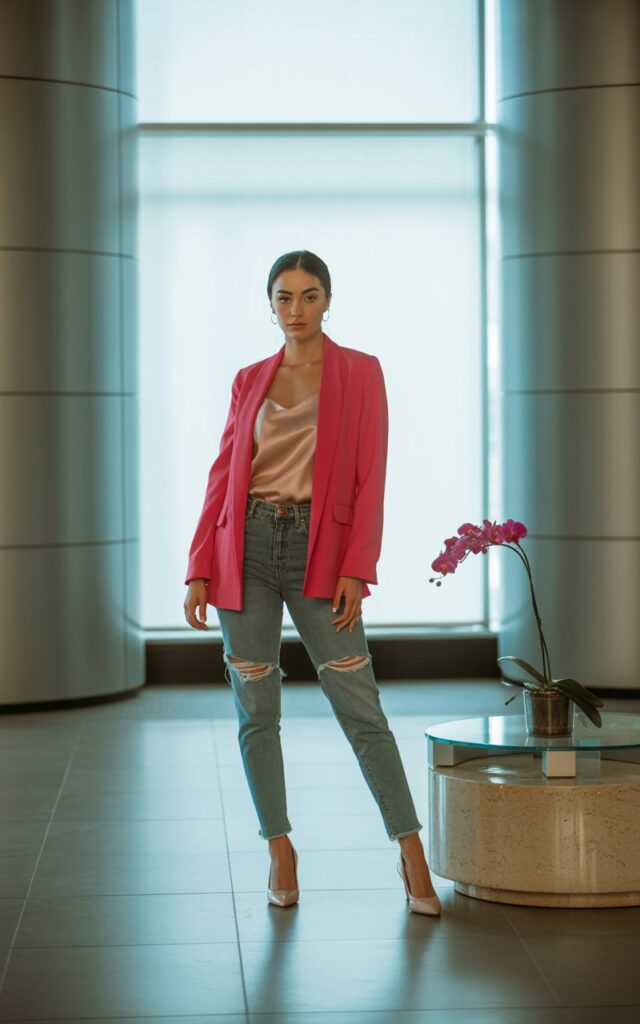 Modern office lobby backdrop, natural daylight. Model in a hot pink tailored blazer over a silky nude cami, distressed skinny jeans, and nude pumps. Confident power stance, sharp gaze at the camera.