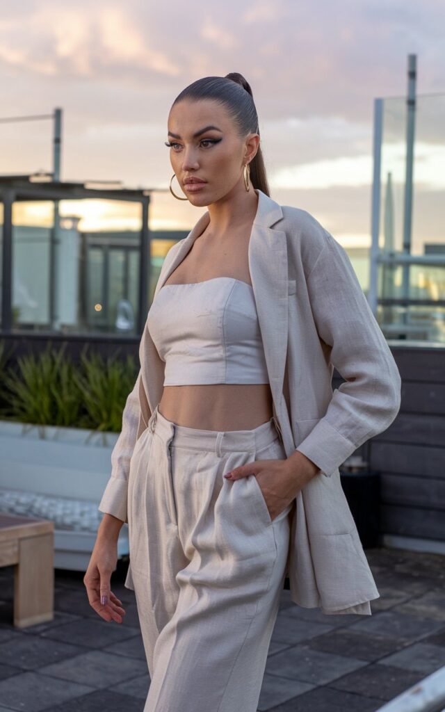 Modern urban rooftop terrace setting. White-skinned model with sleek ponytail wears a linen beige co-ord set (crop top + trousers) with gold hoops. Lighting is soft sunset glow. She poses confidently with one hand in her pocket, cool and composed.