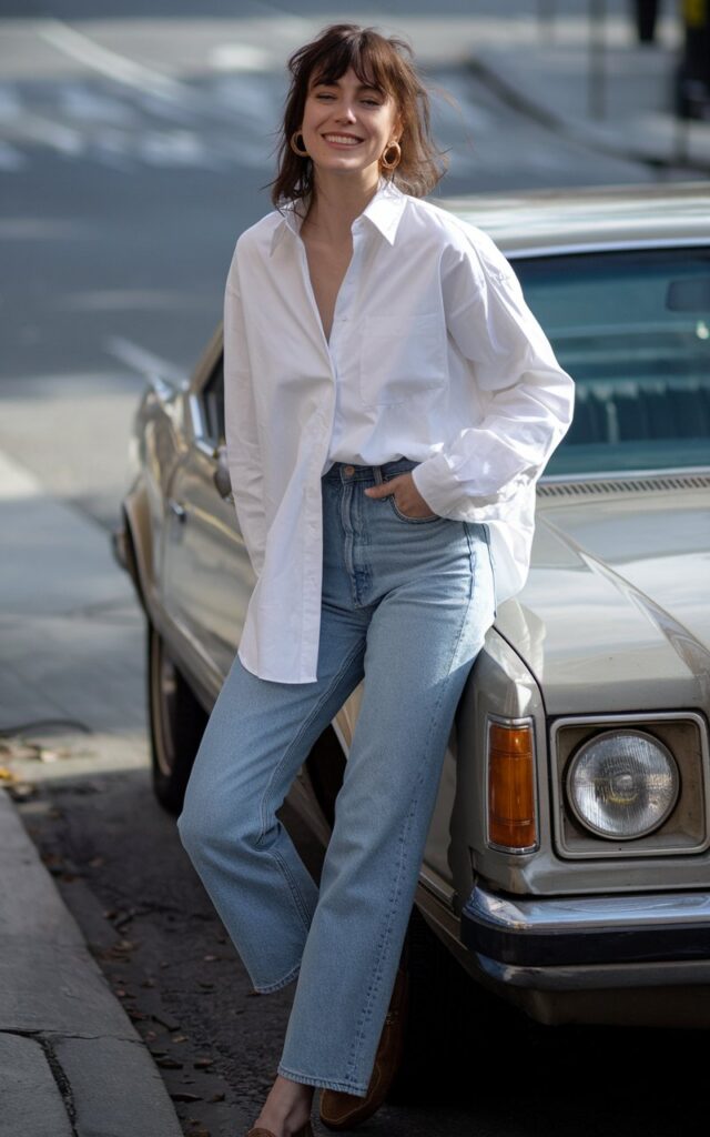 Natural daylight photo of a woman leaning against a vintage car on a quiet urban street. She wears a crisp white oversized button-down tucked into high-waisted straight blue jeans, with loafers and gold hoop earrings. Her brown hair is slightly tousled, and she smiles casually. The background features subtle street details for realism.