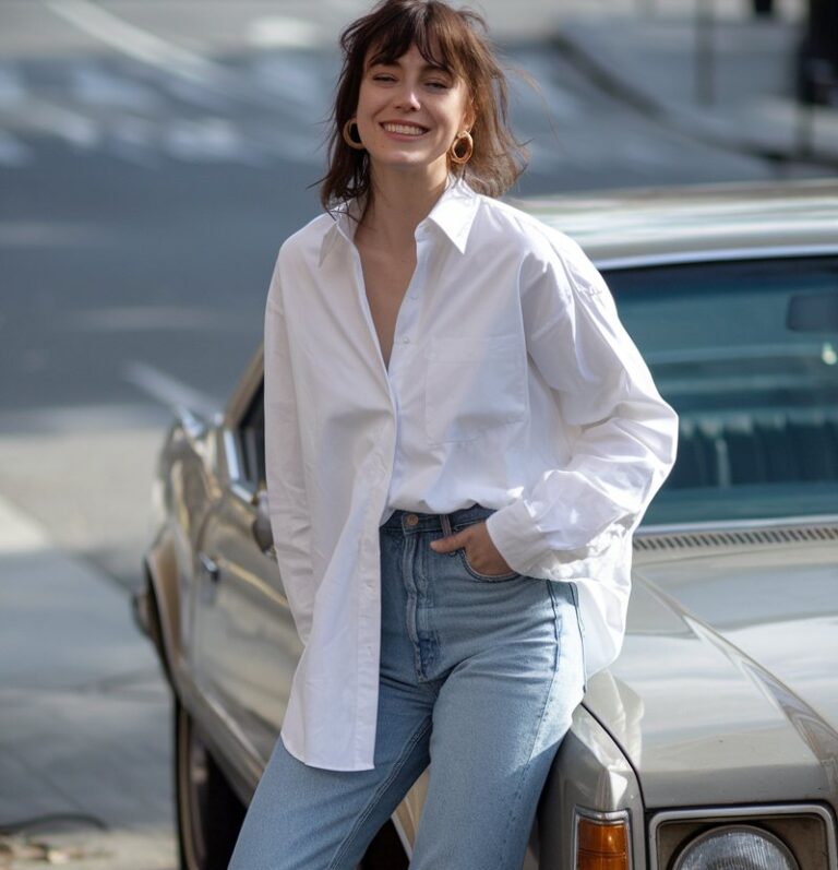 Natural daylight photo of a woman leaning against a vintage car on a quiet urban street. She wears a crisp white oversized button-down tucked into high-waisted straight blue jeans, with loafers and gold hoop earrings. Her brown hair is slightly tousled, and she smiles casually. The background features subtle street details for realism.