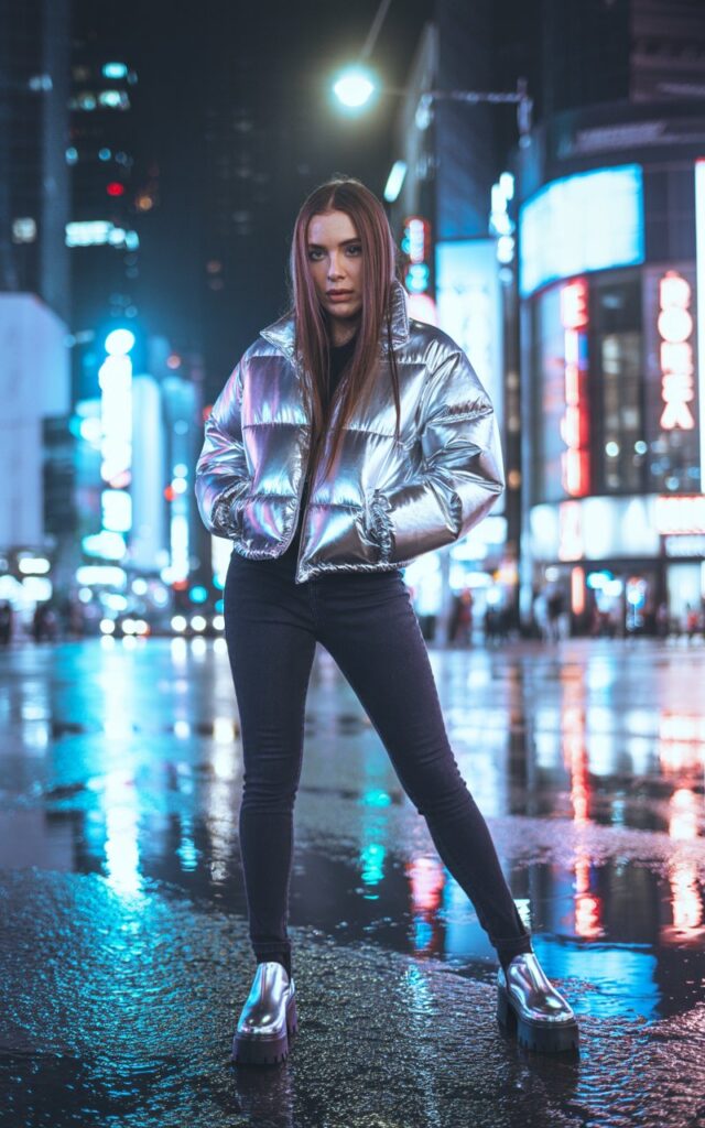 Night cityscape backdrop with neon reflections. The model wears a silver metallic puffer jacket, black skinny jeans, and platform boots. Her hair is sleek and straight, catching the glow of city lights. She stands powerfully, looking directly at the camera — fierce and unstoppable.