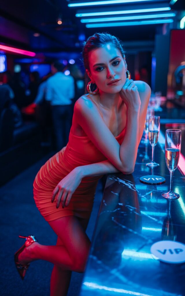 Nightclub-inspired setting with neon lights. Model in a ruched red bodycon mini dress, large gold hoops, and stilettos. Leaning casually against a bar, confident smirk, bold eye contact.