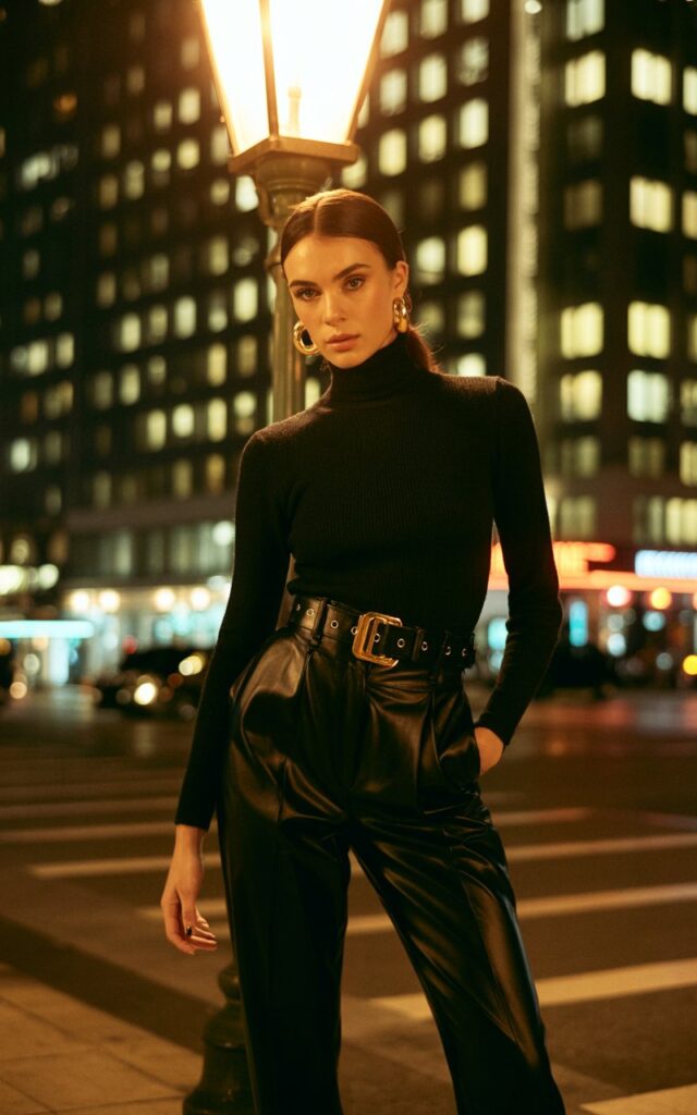 Nighttime city lights as the backdrop. The model stands under a streetlamp, wearing an all-black outfit — turtleneck, tailored trousers, and heeled boots — accented with gold hoops and a statement belt. Her sleek ponytail and confident gaze capture quiet power. The warm streetlight glow reflects off gold details for a luxe finish.