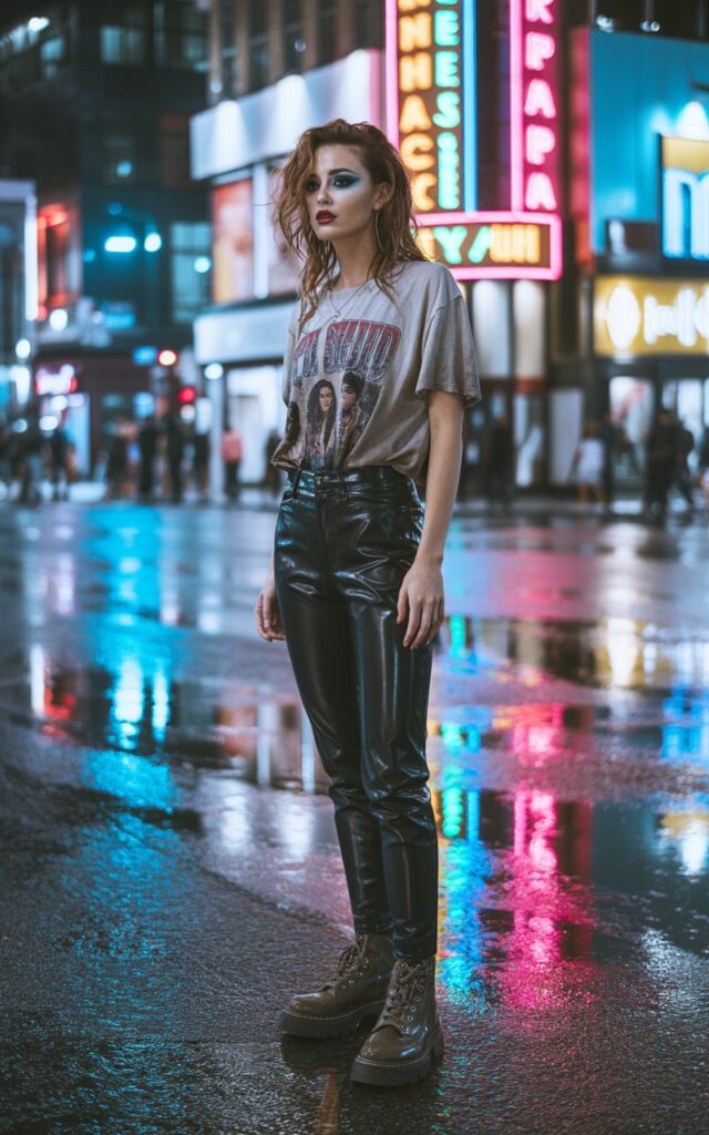 Nighttime urban backdrop with neon lights reflecting on wet pavement. The model wears a vintage band tee, black leather pants, and combat boots. Her makeup is bold, with messy-chic hair, and she looks off-camera with rebellious confidence.