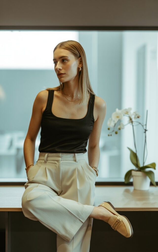 Office-inspired indoor setup. The model wears a black tank top tucked into high-waisted cream pleated trousers, paired with nude loafers and gold jewelry. Hair is sleek and straight. Soft window lighting adds professionalism and calm energy.