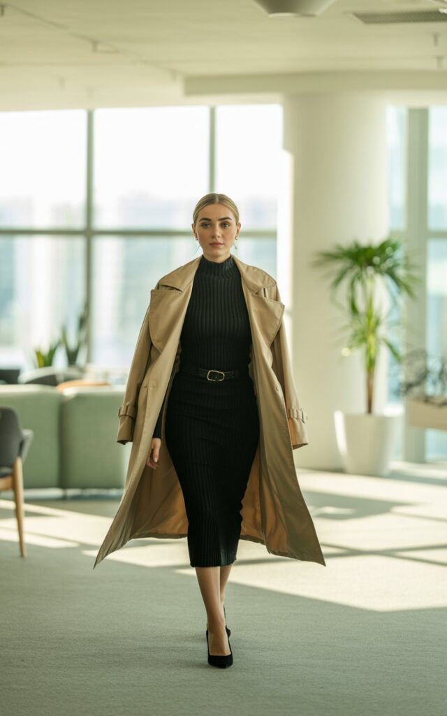 Office-like interior with large windows and natural light. She wears a fitted ribbed turtleneck dress under a beige belted trench coat with heels. Her hair is sleek and parted in the middle. She’s walking confidently across the space, giving boss-energy vibes.