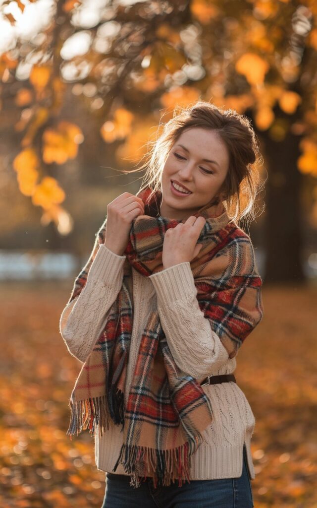 Outdoor autumn park setting with a white-skinned woman wrapped in a plaid scarf, cream sweater, and jeans. Golden-hour sunlight filters through orange leaves. She’s playfully adjusting her scarf, hair softly tousled by the breeze, smiling genuinely.