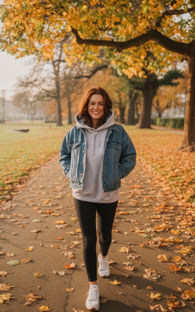 Outdoor autumn park with orange leaves and soft sunlight. The model wears a gray hoodie under a classic denim jacket, paired with black leggings and white sneakers. Her chestnut hair peeks from under the hood. She walks casually, smiling naturally — cozy, real, relatable.