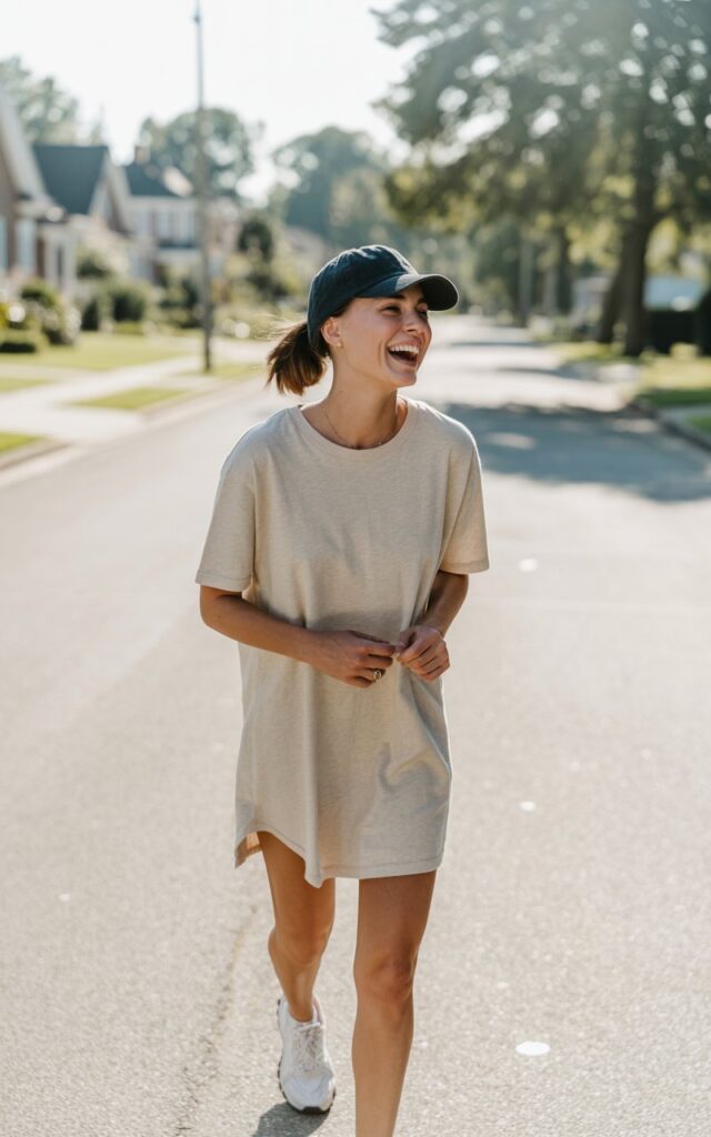 Outdoor candid photo on a sunny suburban street. The model wears a loose beige T-shirt dress with chunky white sneakers and a baseball cap. Hair in a low ponytail, minimal makeup. She’s mid-walk, laughing naturally under bright daylight.