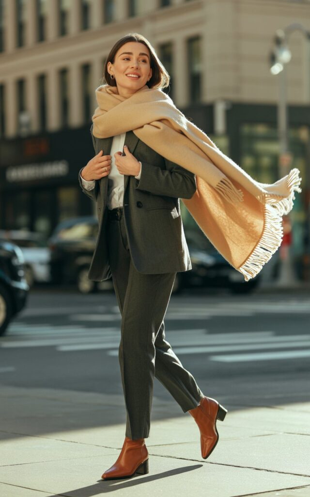 Outdoor city backdrop on a breezy day. The model stands mid-step, wool scarf draped artfully over a gray blazer, paired with slim trousers and ankle boots. The scarf flows in the wind, adding movement. Her expression is relaxed yet elegant. Soft daylight and shadows enhance the cozy fall mood.