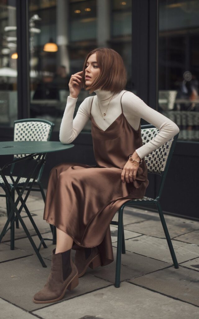 Outdoor city café terrace. Model with chestnut bob wears a cream turtleneck layered under a brown satin slip dress, ankle boots, and minimal jewelry. Lighting is soft cloudy daylight. She’s seated at a table with coffee, looking thoughtful.
