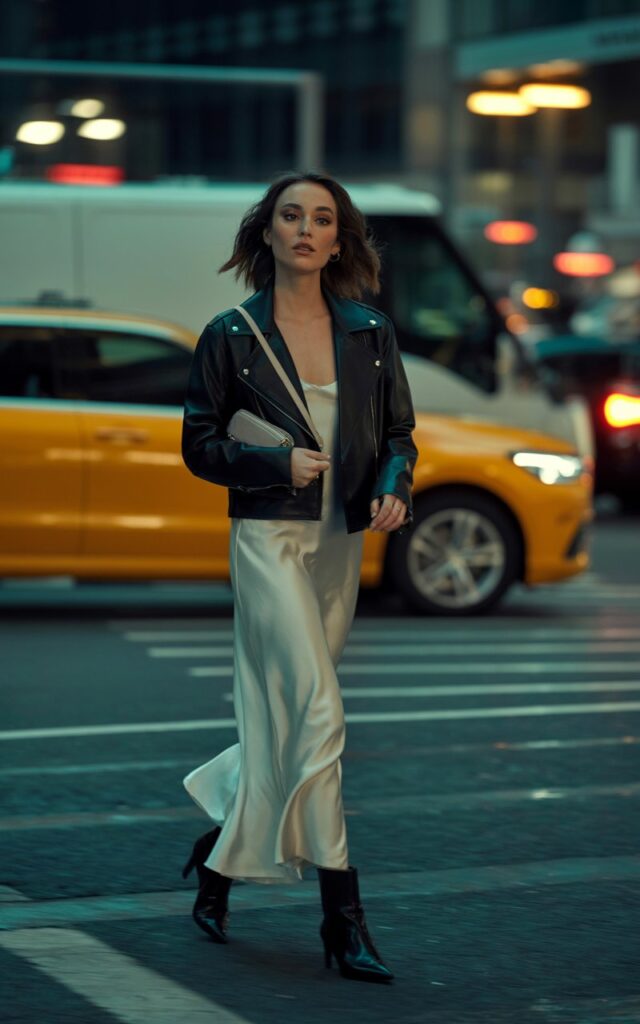 Outdoor city street at dusk. She wears a black leather jacket over a white slip dress, with ankle boots and a small crossbody bag. Hair tousled, soft smoky eye makeup. She’s walking across the street, cool and confident under streetlights. Need to clear face.