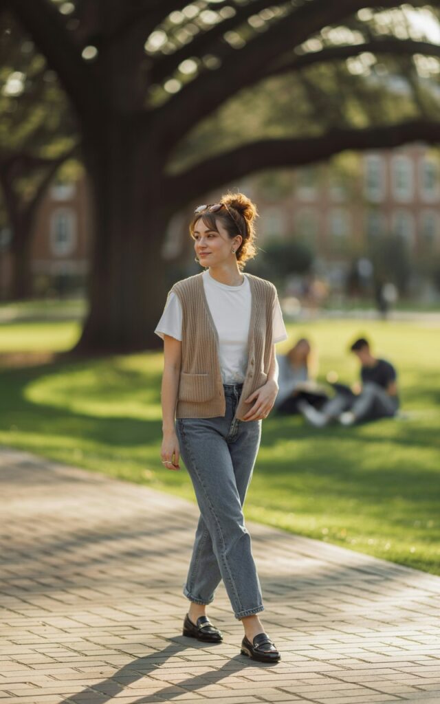 Outdoor college campus vibe. The model wears a beige knit vest layered over a white tee, straight-leg jeans, and loafers. Hair in a messy bun with reading glasses perched on her head. Late afternoon sunlight creates a warm, scholarly aesthetic.
