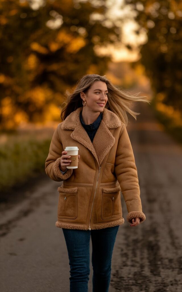 Outdoor countryside road scene. Model wears a tan shearling-lined jacket, jeans, and ankle boots. Hair flowing in the wind, golden hour sunlight. She’s walking casually with a warm smile, holding a coffee cup.