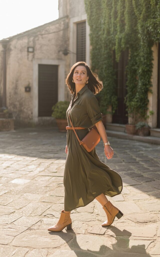 Outdoor courtyard scene with soft morning light. The model wears a belted olive-green shirt dress with rolled-up sleeves and tan ankle boots. Accessories thin leather belt, crossbody bag, and small stud earrings. Pose walking mid-step, looking over her shoulder naturally.