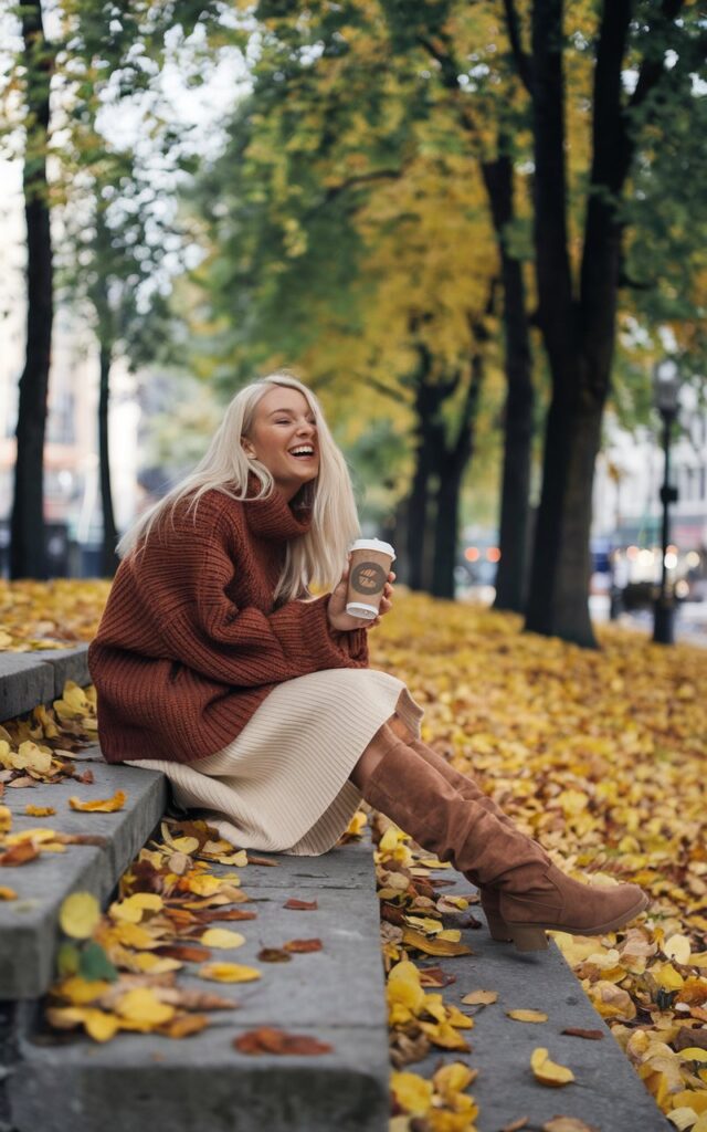 Outdoor lifestyle shot of a white-skinned blonde woman sitting on stone steps surrounded by fall leaves, wearing an oversized rust chunky sweater, cream skirt, and suede boots. Natural daylight, soft focus on background. She’s laughing candidly, holding a takeaway coffee.